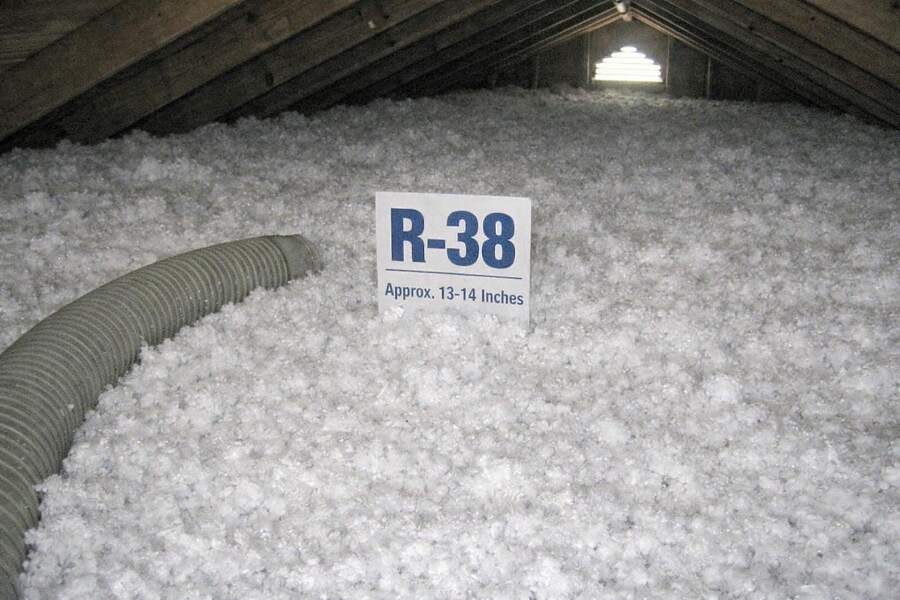 Fresh loose-fill insulation blown deep and level across attic joists