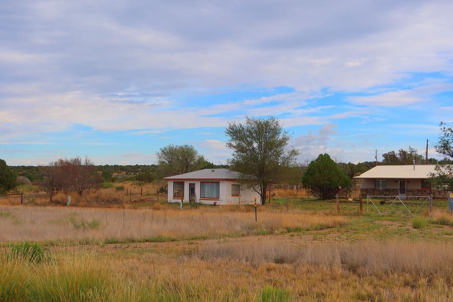 Small houses at the edge of open grassland under a cloudy sky