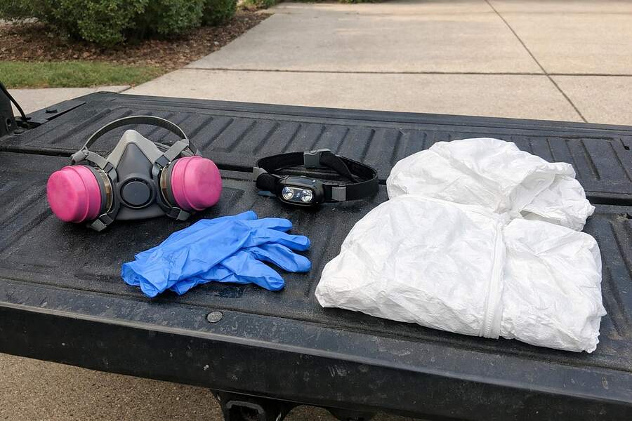 A half-face respirator, nitrile gloves, a headlamp and a coverall laid out on a tailgate